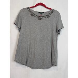 Lauren Ralph Lauren Jeweled Neckline Gray Tee Size Large